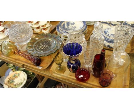 Two trays of assorted glassware to include: cut glass baluster water jug; trumpet vase and straight sided decanter and stoppe