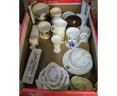 Tray of assorted china to include: commemorative mugs; Spode commemorative goblet; Pope John Paul II to Great Britain, 1982; 