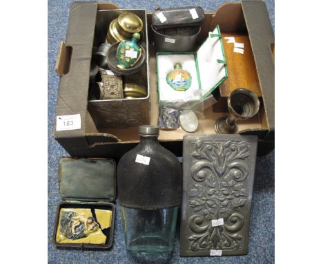 Small box of assorted collectables to include: Art Nouveau design rectangular box and cover containing white metal napkin rin