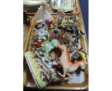 Tray of assorted china to include: 19th Century Staffordshire stag hunt flat backed spill vase; various Hummel figurines; Roy