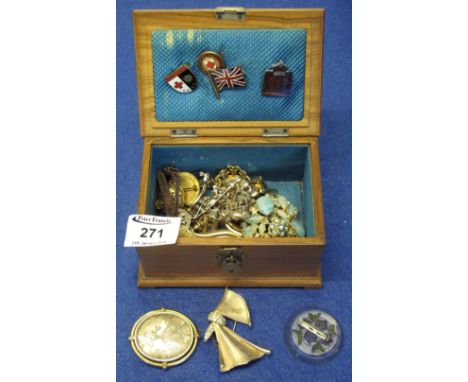 Gothic design walnut jewellery box containing assorted costume jewellery; bar brooches; enamel badges; lady's wristwatch etc.