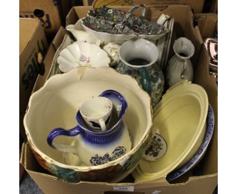 Tray of assorted china to include: Staffordshire planter; 19th Century teapot; Delton ware snack tray; plates and other jugs 