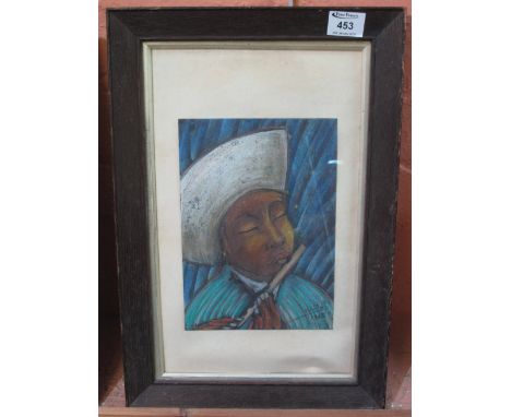 Asian School, portrait of a flute player, watercolours, indistinctly signed, 25 x 18cm.(B.P. 24% incl. VAT)Inv. 116