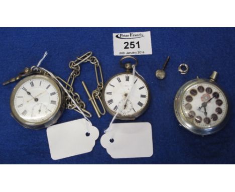 Silver pocket watch with plated T bar chain, together with another pocket watch marked: fine silver, engraved: coffee, Alice 