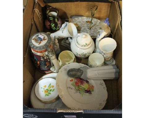 Tray of assorted china to include: 'Discover America Series' 'Nina'; beer stein; Nao porcelain figurines; copper lustre Wade 