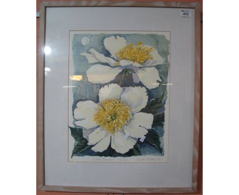 Andrea Kelland, (20th Century, Welsh), 'White Peonies', a limited edition print, signed in pencil, 125/150, 44 x 39cm.  Frame