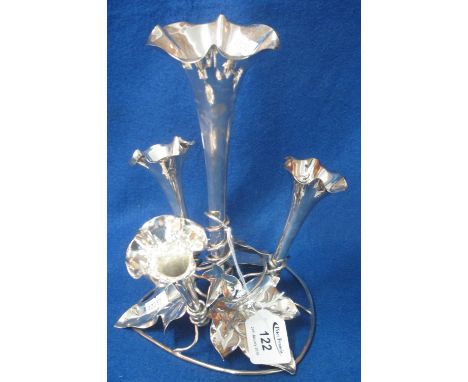 Late 19th/early 20th Century silver plated epergne with single large flute and three small flutes on an entwined ivy leaf fra
