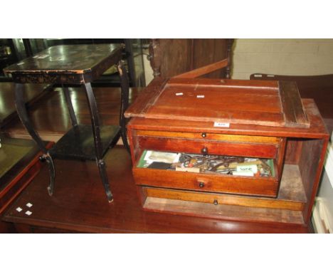 Small stained five drawer table top cabinet containing assorted and miscellaneous items, tools etc. vintage calipers, measuri