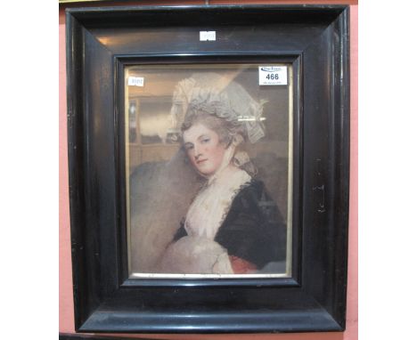 Uncoloured print of a 19th Century lady in lace bonnet, within ebonised frame.  28 x 22cm.(B.P. 24% incl. VAT)