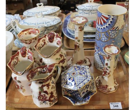 Tray of Masons Ironstone items to include: set of three graduated 'Mandalay' red pouch shaped dresser jugs; 'Mandalay' red ca