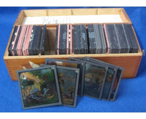 Large collection of Victorian magic lantern slides, various, to include topographical views, cartoon stories and others.  Woo