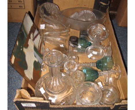Tray of assorted glassware, various, to include: drinking vessels, including champagne flutes; inkwells; decanter and stopper