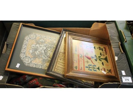 Vintage beaded tapestry floral banners with gilded frame, together with similar items, framed samplers by Elizabeth Hannaford