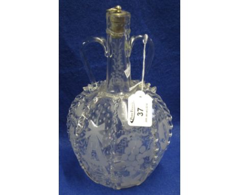 Early 20th Century etched glass double loop handled decanter with cork stopper.(B.P. 24% incl. VAT)