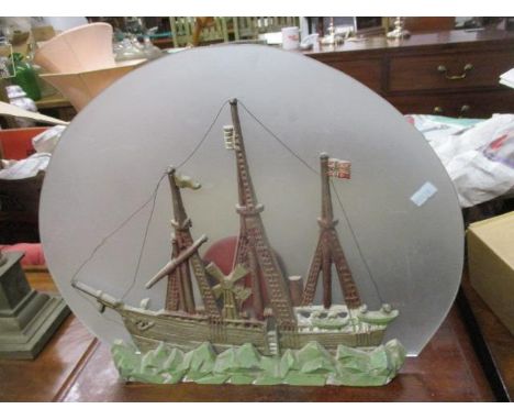 A 1930s painted, cast metal light, fashioned as a galleon with a frosted glass shade, 14" h 