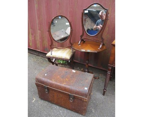 Small furniture to include two toilet mirrors, a mahogany pedestal table, a stool and a metal trunk 