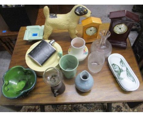 A mixed lot to include a Poole pottery bowl, a model terrier, a Braham pottery bowl, clock and other items 