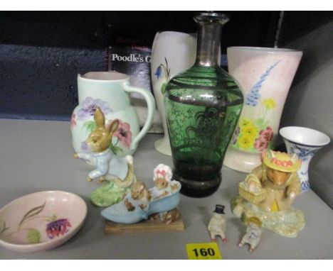 Radford Vases and a jug, a Venetian green glass decanter with stopper, Beatrix Potter and Bramley Hedge figures to include Ro