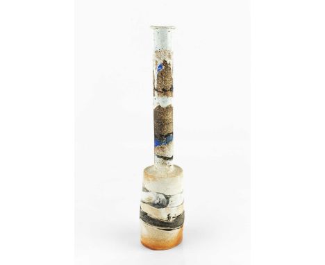 Robin Welch (1936-2019)Bottlestoneware, with bands of cream, blue, and textured glazeimpressed potter's seal24cm high.