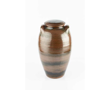 Eddie Hopkins (1941-2007) for Winchcombe PotteryLarge storage jar and covertenmoku and iron glaze, the shoulders with handles