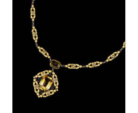 Bernard Instone (1891-1987)Yellow enamel and gem set pendant necklacestylised floral and foliate designwith step-cut citrine 