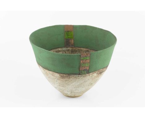 Robin Welch (1936-2019)Bowlstoneware, with green band around the rim, over a textured oatmeal glazeimpressed potter's seal31c