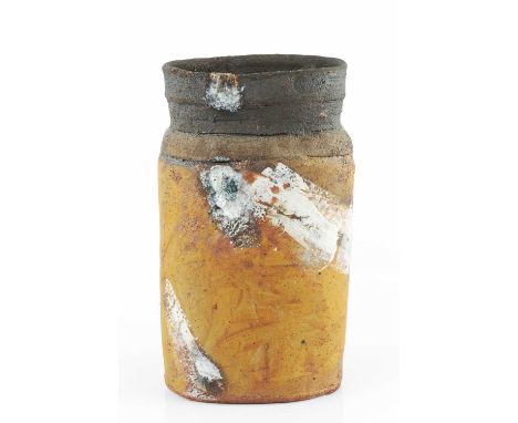 Robin Welch (1936-2019)Vesselstoneware, the body with an orange glaze beneath a dark rim, and a white and dark slipimpressed 