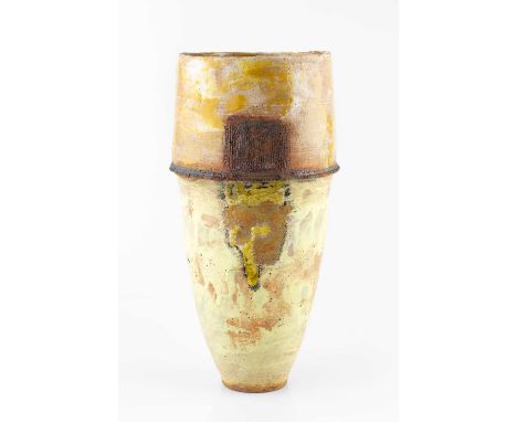 Robin Welch (1936-2019)Vesselstoneware, with textured yellow glaze and a vertical rectangle with gold and orange pigmentsimpr