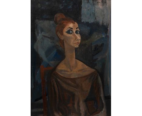 John Melville (1902-1986)Portrait of a seated lady, circa 1955signed (upper right)oil on board67 x 98cm.