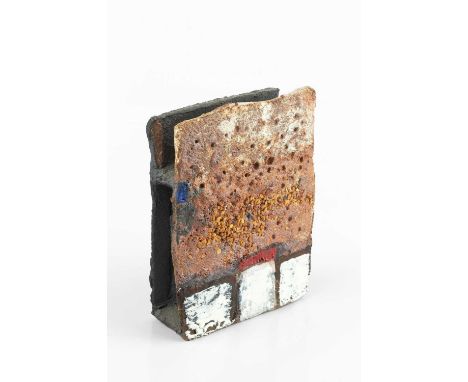 Robin Welch (1936-2019)Slab vesselstoneware, textured glaze with blocks of white slip to the baseimpressed potter's seal15cm 
