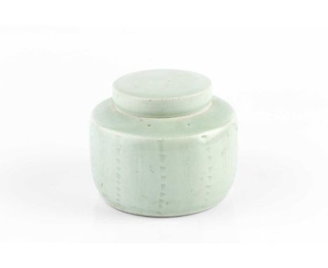 David Leach (1911-2005) at Lowerdown PotteryPot and coverceladon glaze with vertical combed lineimpressed potter's and potter