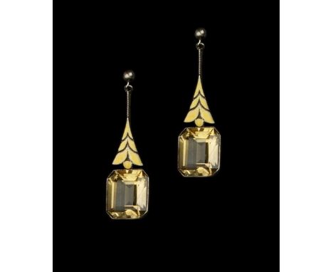 Bernard Instone (1891-1987)Yellow enamel and gem set ear pendantsstylised foliate design, with step-cut citrine dropson screw