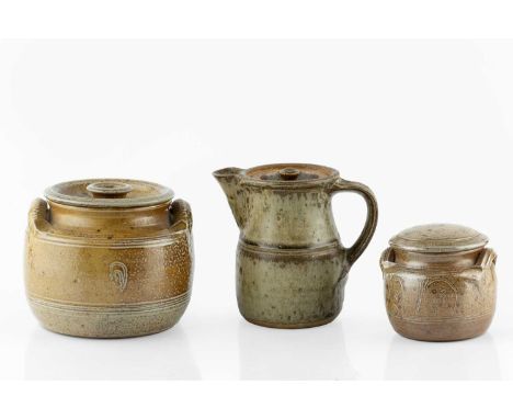 Ray Finch (1914-2012)Two storage jars and coversalt glazedimpressed potter's seals13cm high; and a Richard Batterham coffee p