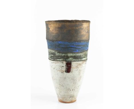 Robin Welch (1936-2019)Vesselstoneware, four bands of glaze in manganese, blue, green and white, beneath a vertical line of r