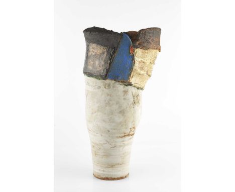 Robin Welch (1936-2019)Vesselstoneware, with textured white glaze to the body below a band of dark glaze around the rim and a