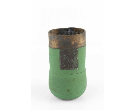 Robin Welch (1936-2019)Vesselstoneware, squeezed form with a green glaze beneath manganese band around the rimimpressed potte