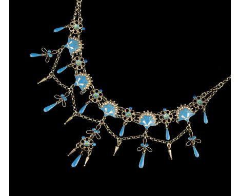 Marius Hammer (1847-1927)Enamel fringe necklacedesigned as a series of alternate shell and flowerhead panelsheightened with b