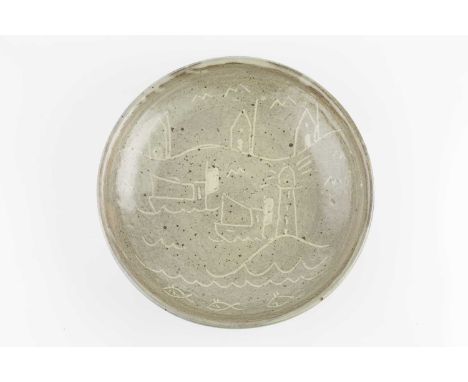 Trevor Corser (1938-2015) at Leach PotteryChargerincised with a harbour, lighthouse and boats, on a green ash glazeimpressed 