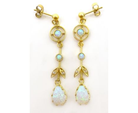 Pair of silver-gilt opal pendant earrings, stamped Sil