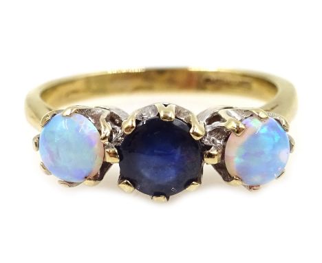 Gold three stone sapphire and opal ring, hallmarked 9ct Condition Report Approx 2.9gm, size M-N