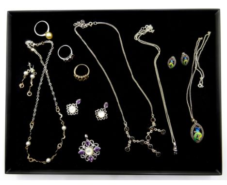 Silver mother of pearl and amethyst pendant, matching ear-rings,  marcasite and enamel pendant necklace, matching ear-rings, 