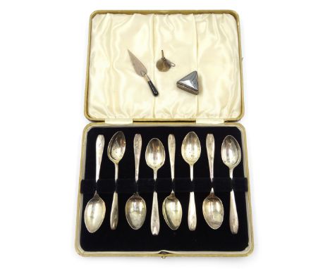 Silver trowel book mark, miniature funnel both hallmarked, triangular pill box stamped 900 and a set of eight Art Deco silver