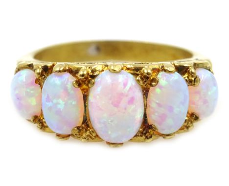 Silver-gilt five stone opal ring, stamped Sil