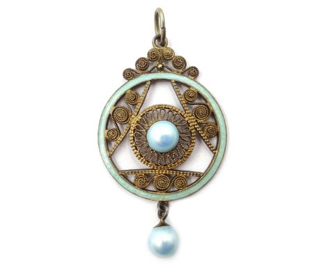 Norwegian silver gilt and blue pearlised enamel pendant by Marius Hammer Bergen circa 1910-1920