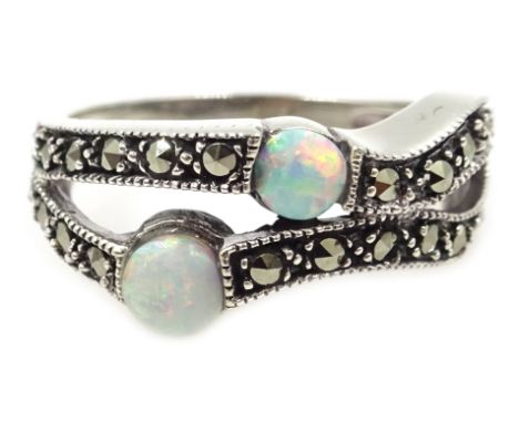 Silver opal and marcasite ring, stamped 925