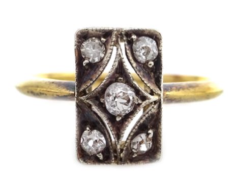 Edwardian gold panel ring set with five diamonds Condition Report Approx 2.3gm, size K-LClick here for further images, condit