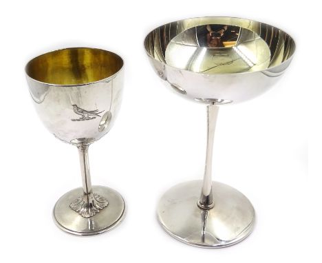 Victorian silver goblet by Walter Morisse London 1851 etched with a bird and a silver champagne by Carr's of Sheffield 2004 a