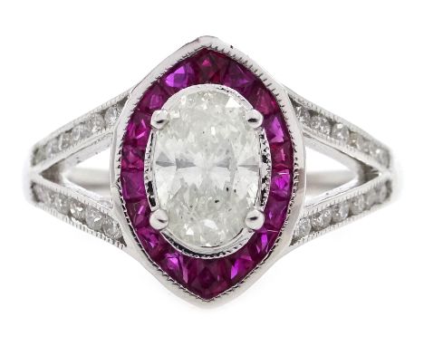 18ct gold oval diamond and ruby ring, with diamond set shoulders and diamond ring, central diamond approx 0.6 carat, stamped 