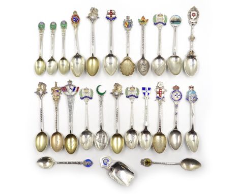 Collection of silver and enamel commemorative and souvenir teaspoons approx 10oz