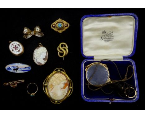 Pair of gold pince-nez, Victorian gold mourning ring and brooch, all tested 15ct, amethyst and seed pearl horseshoe brooch an